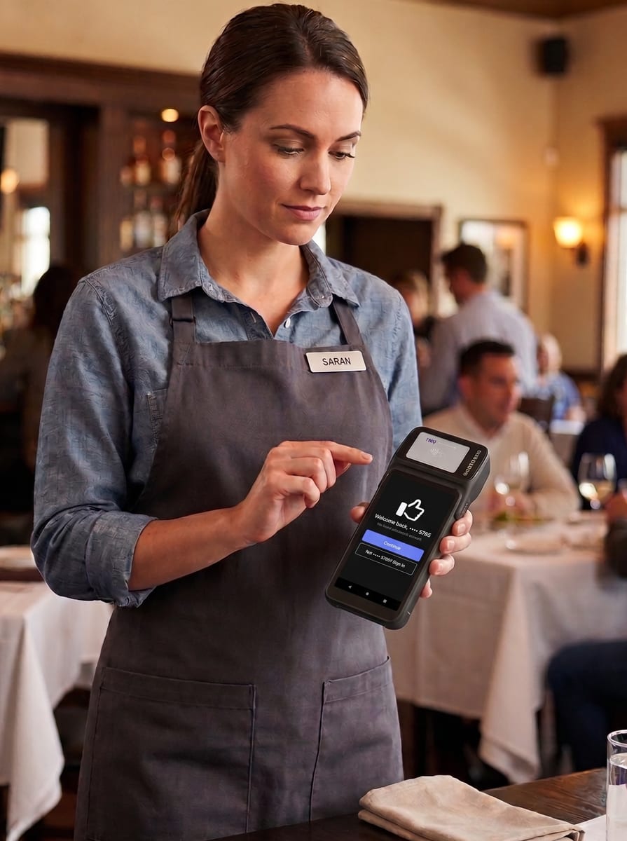 NX Guest Loyalty signup prompt on an NX6 handheld payment device as a guest pays