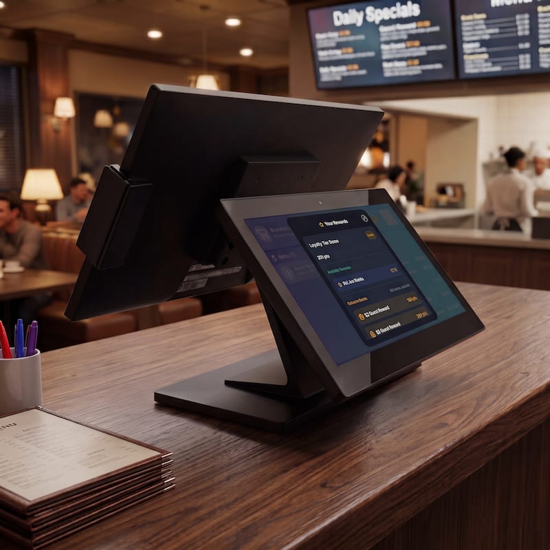 NX15 POS rear customer display showing a loyalty signup prompt at the payment terminal