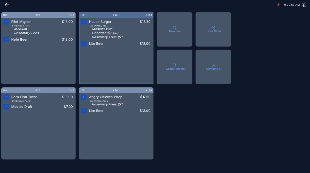 The NX POS split-order screen showing a check being divided