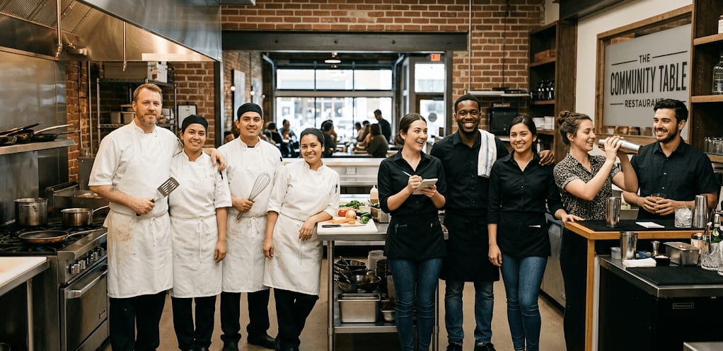 Restaurant staff working together during a shift