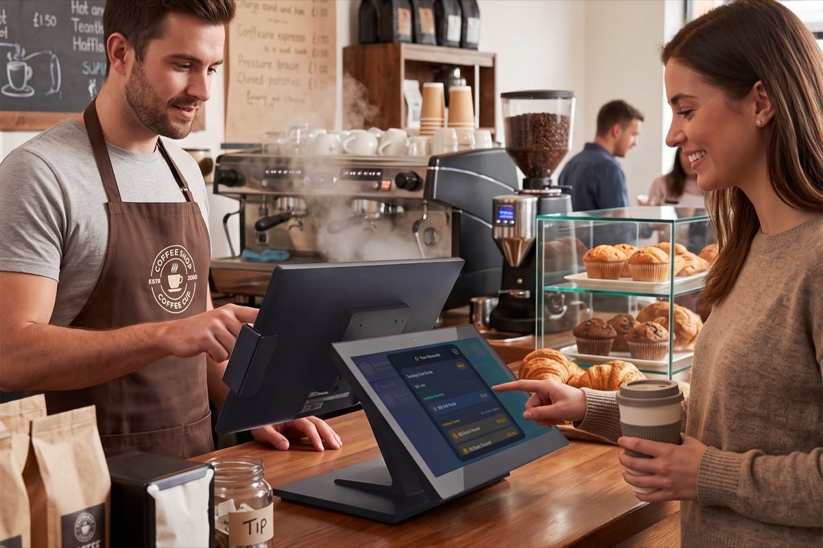 Coffee shop guest tapping a loyalty rewards screen on an NX POS customer display while the barista rings up the order