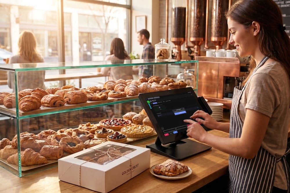 Bakery staffer ringing up a boxed order on an NX station beside a full pastry case.