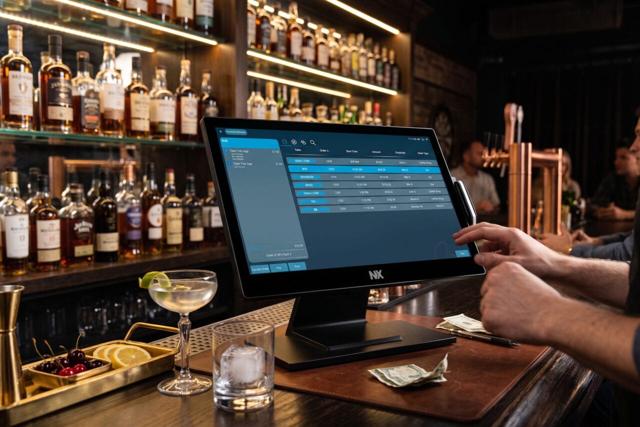 NX Restaurant POS station set up at a bar.