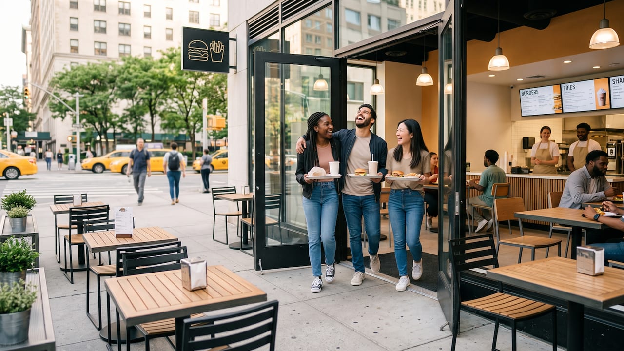 Guests carrying trays out to the patio of a fast casual restaurant, digital menu boards behind the counter.