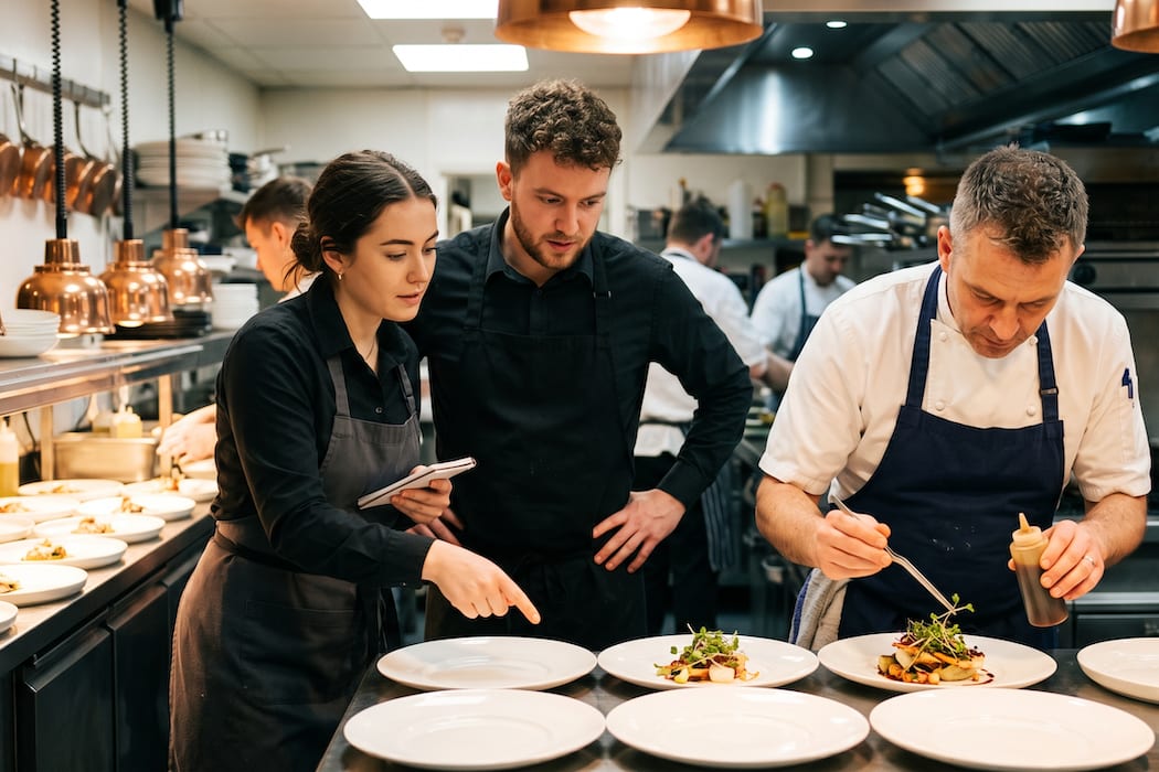 Fine dining kitchen team plating service at the pass, one checking the order on an NX handheld.