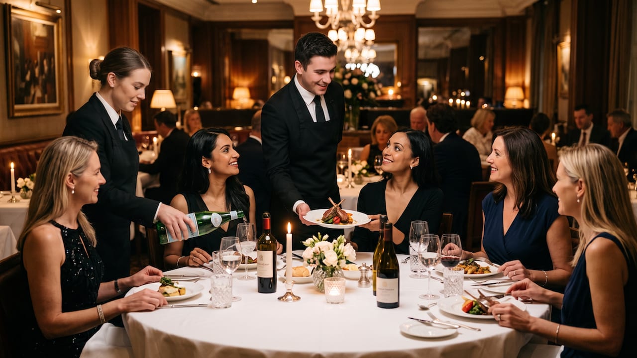 Two servers working the same table in a fine dining room, one pouring and one setting a plate.