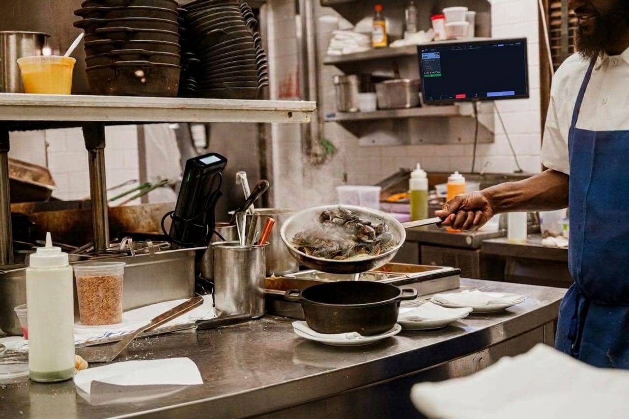 Line cook plating in a busy kitchen with an NX kitchen display showing the ticket queue above the pass.