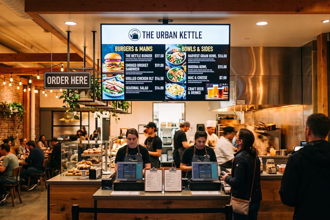 Digital menu board above the order counter of a cafe, showing menu sections with photography and prices.