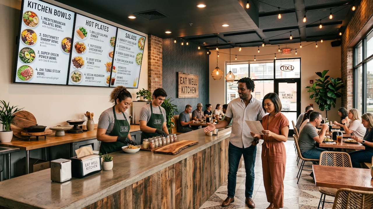 Wall-mounted screens running a digital menu above a counter service restaurant's order counter.