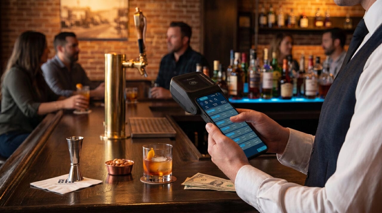 NX Restaurant handheld POS in use at a bar