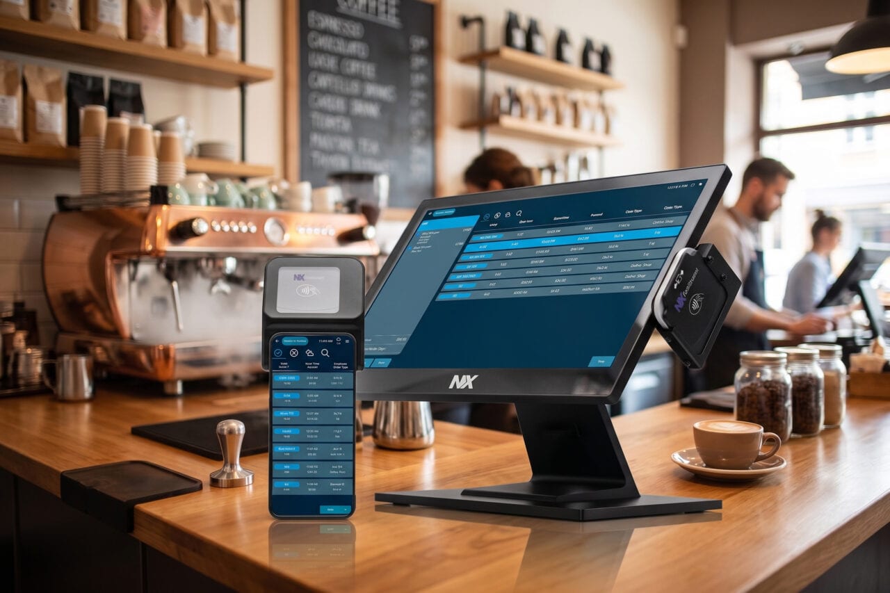All-in-one POS station and handheld in a quick service cafe.