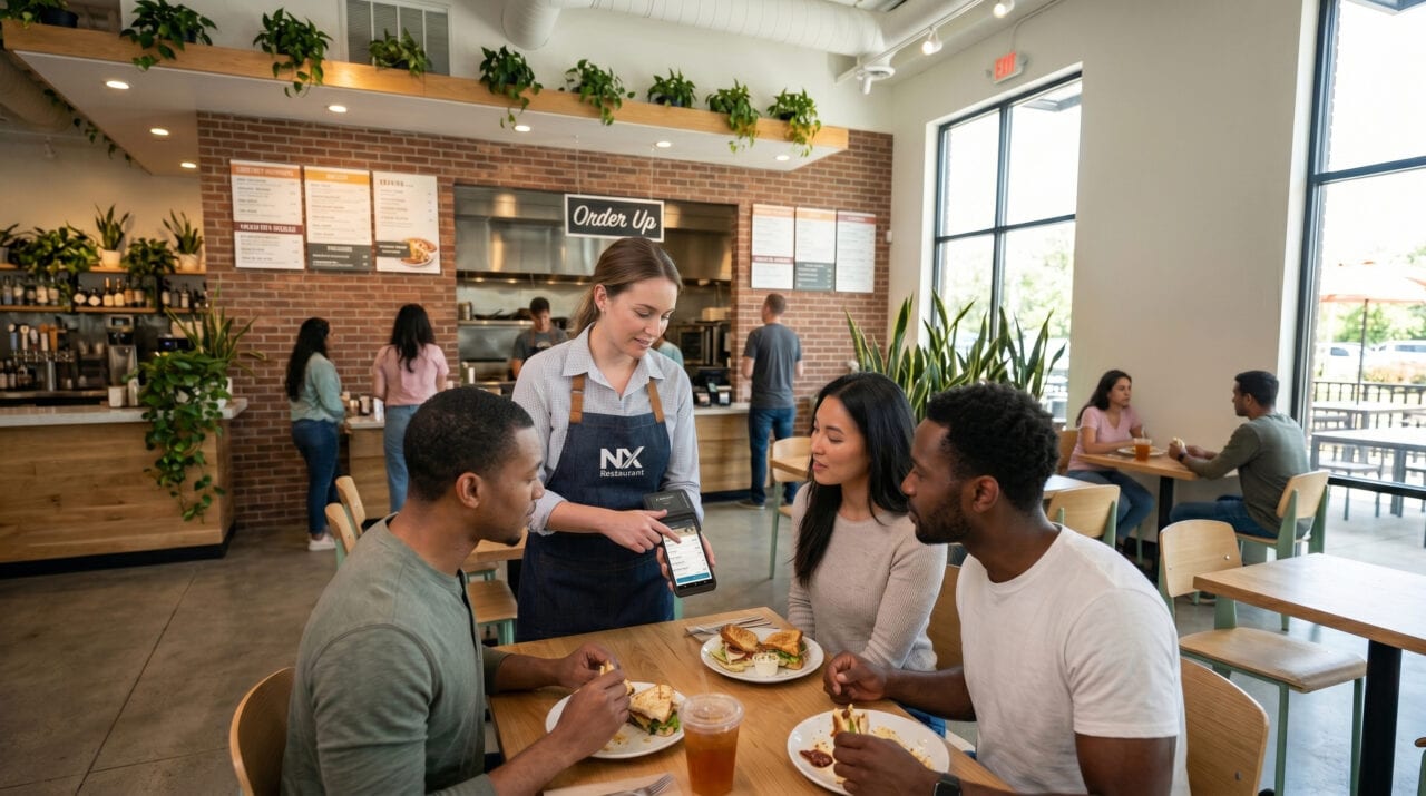 A server presenting a check to guests on an NX Restaurant POS handheld guest payment device.