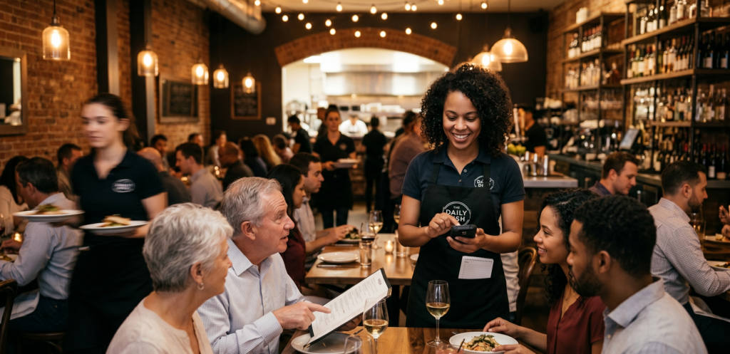 server takes order with nx6 handheld POS